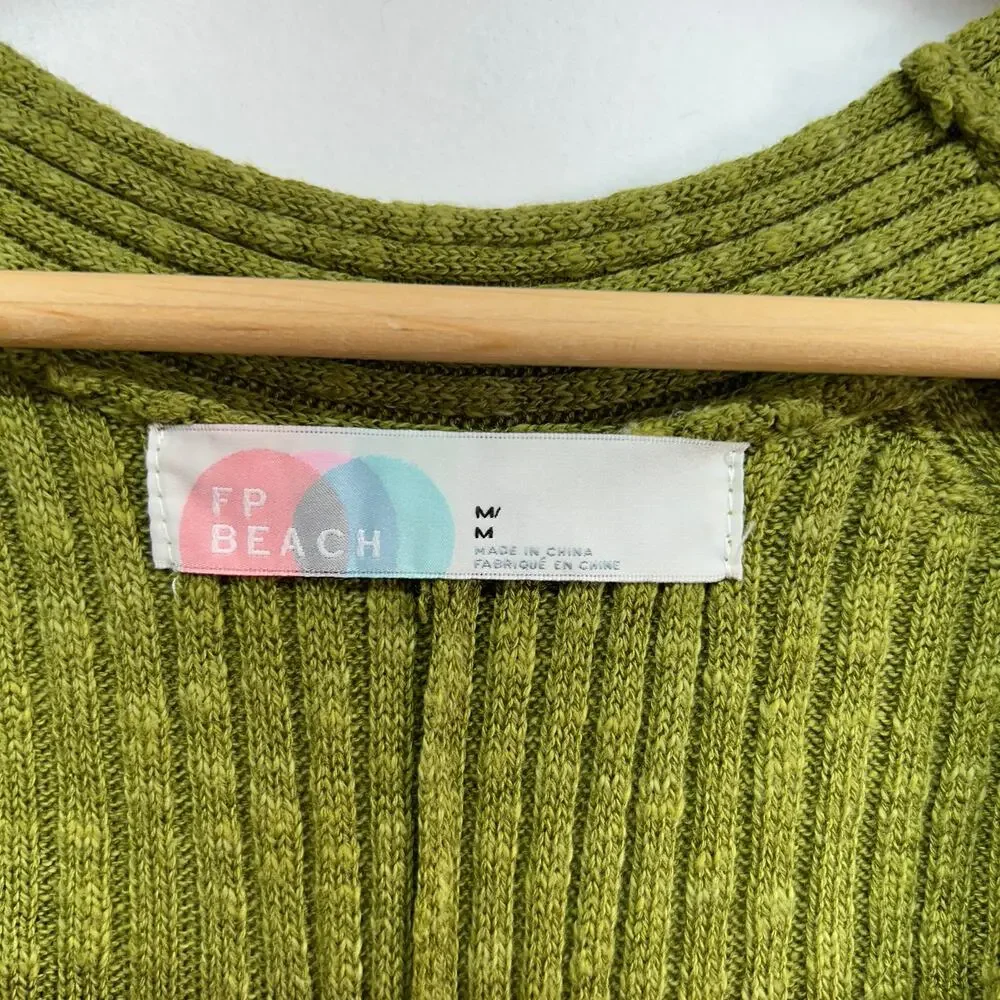 Free People Beach Green V-Neck Ribbed Knit Side Slit Sweater Medium Boho